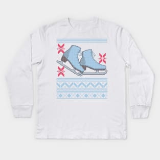 Ugly Christmas Sweater design with Ice Skates and Snowflakes Kids Long Sleeve T-Shirt